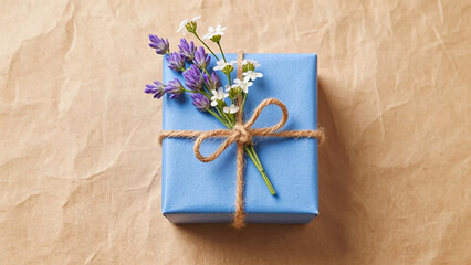 Blue Gift Box Adorned with Lavender and White Floral Arrangement