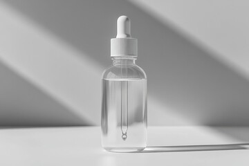 Clear serum bottle with dropper against a minimalist backdrop and soft window light, ideal for skincare and product photography.