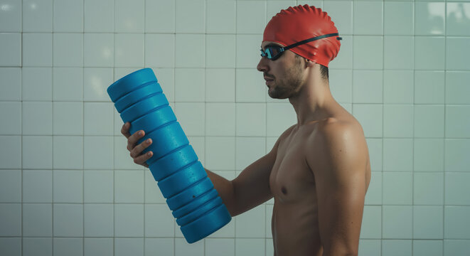 Male swimmer profile red cap goggles holding blue pool noodle tiled wall background. Modern stock photo style. Training fitness concentration concept. Sports center swim lessons promotion
