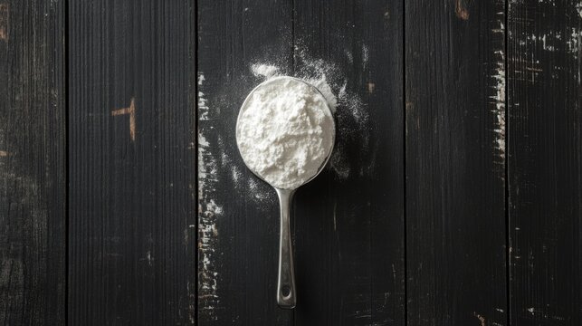 Pre-workout creatine in scoop on black wooden background.