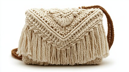 Obraz premium Handmade macrame handbag handbag with off-white cotton, isolated on white background