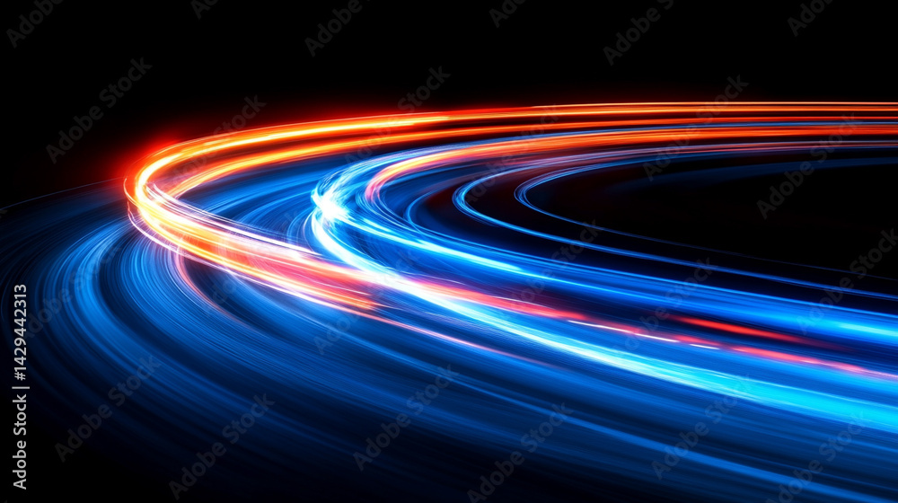 Poster glowing round illuminated lines with motion blur represent futuristic speed connectivity and infinit