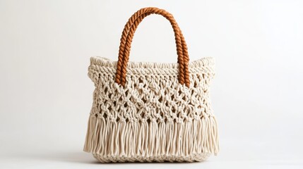 Handmade macrame handbag handbag with off-white cotton, isolated on white background