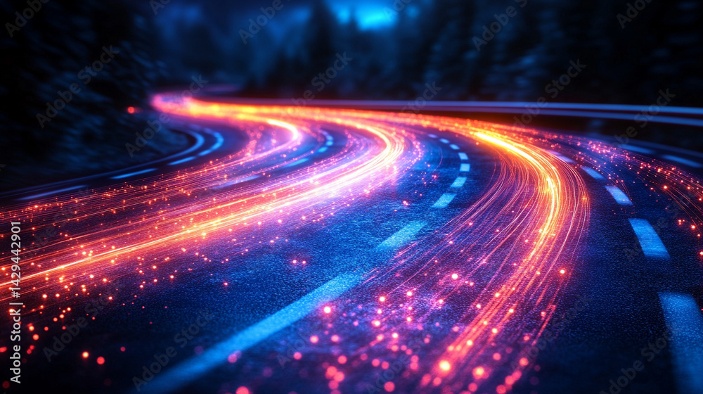 Poster glowing round illuminated lines with motion blur represent futuristic speed connectivity and infinit