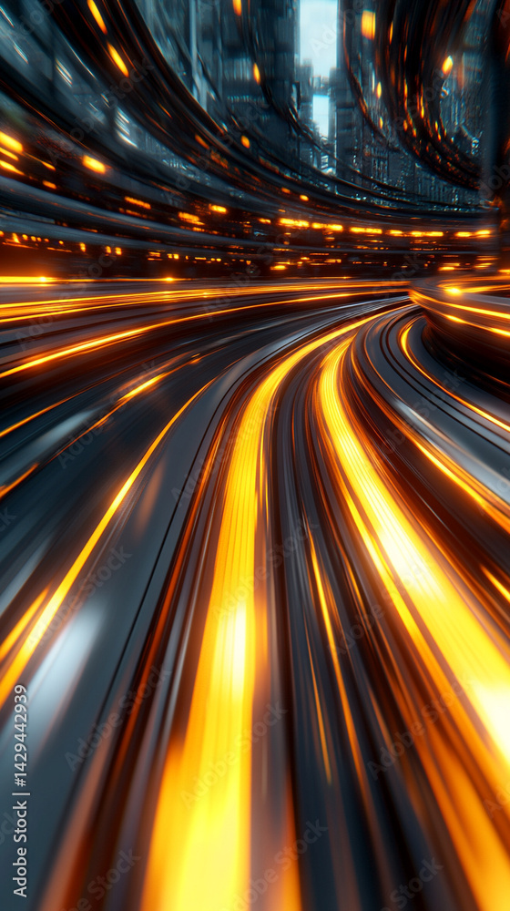 Poster glowing round illuminated lines with motion blur represent futuristic speed connectivity and infinit