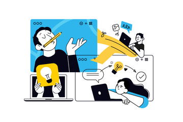 Creative illustrations of content management, copywriting, social media, from idea to realisation. Vector concepts for web banner, social media banner, business presentation, marketing material. 