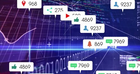 Central speech bubble displaying comment 9181 floating over streaming financial charts metrics - Powered by Adobe
