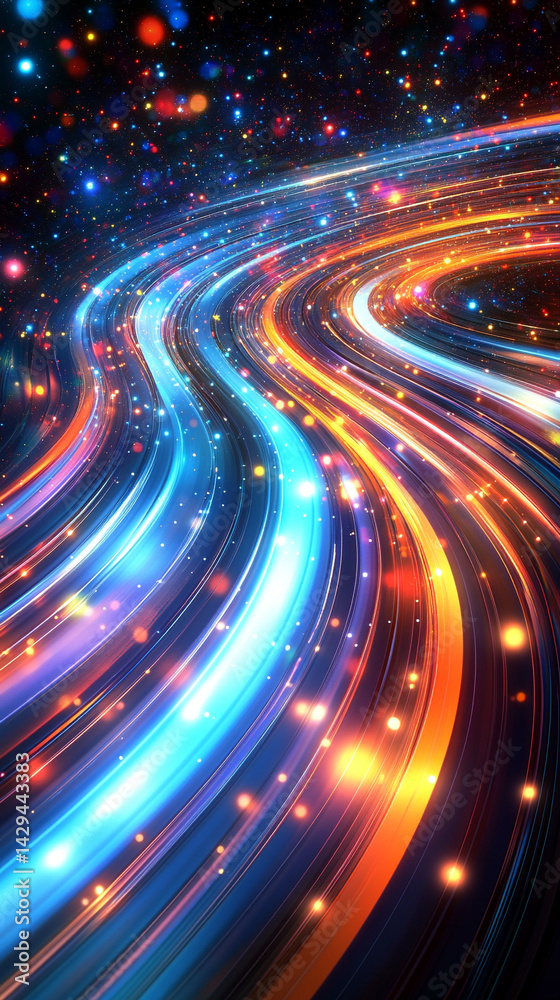 Poster glowing round illuminated lines with motion blur represent futuristic speed connectivity and infinit