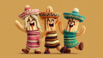 Churros dessert holiday concept. Three cheerful cartoon characters in traditional Mexican attire dancing together.