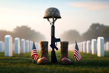 Traditional battlefield cross with boots, rifle, helmet, and American flags in cemetery at sunrise honoring fallen soldiers on Memorial Day