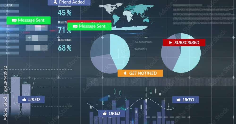 Poster flat design digital analytics dashboard displaying pie charts, world map, bar graphs over dark grid
