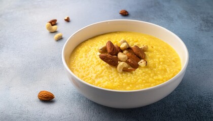 Fototapeta premium corn porridge with nuts in a white bowl vertical photo