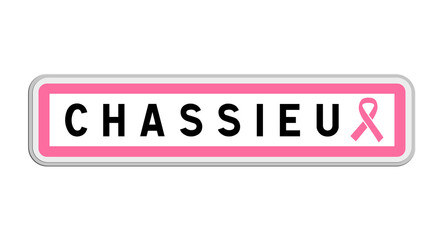 Panneau de sortie de Chassieu, Rhône, Auvergne-Rhône-Alpes avec Ruban Octobre Rose