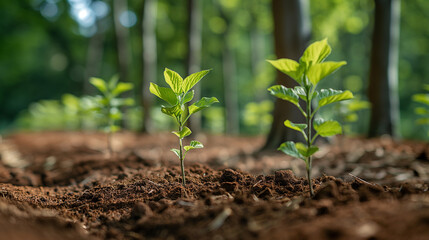 Emerging tree seedlings in forest soil. Early growth phase in a natural woodland environment—concept of reforestation and eco-restoration.