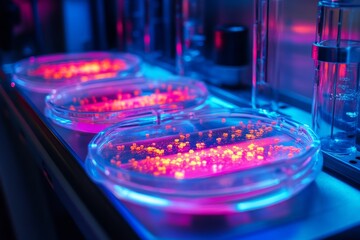 Glowing petri dishes with bacterial cultures in neon lab