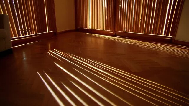 Golden sunlight streaming through wooden blinds creating sharp linear shadows on parquet floor

