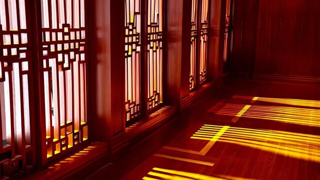 Sunlight streaming through traditional wooden lattice windows casting geometric shadows on polished floor

