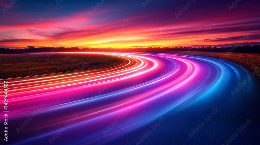 Poster glowing round illuminated lines with motion blur represent futuristic speed connectivity and infinit