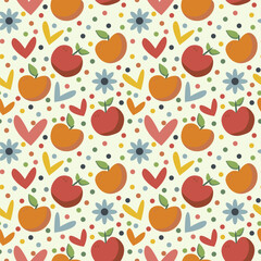 Seamless pattern summer vector illustration with fruits apples, peach, flowers, hearts and colorful polka dots. Simple cute illustrations are hand-drawn in cartoon style on a light background. 