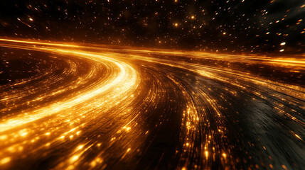 Glowing round illuminated lines with motion blur represent futuristic speed connectivity and infinite energy in a 360-degree panoramic view symbolizing seamless technology and limitless flow

