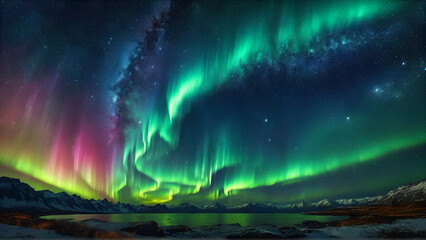 colorful aurora light up the night sky over the lake, Generative AI