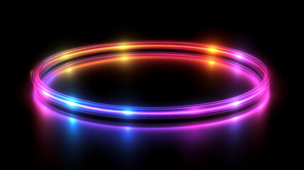 Glowing round illuminated lines with motion blur represent futuristic speed connectivity and infinite energy in a 360-degree panoramic view symbolizing seamless technology and limitless flow

