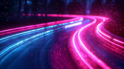 Glowing round illuminated lines with motion blur represent futuristic speed connectivity and infinite energy in a 360-degree panoramic view symbolizing seamless technology and limitless flow

