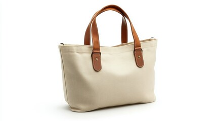 Beige canvas tote bag handbag with leather straps, isolated on white background