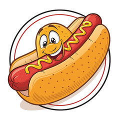 A cheerful hot dog, grinning broadly, with a vibrant yellow mustard trail inside a bold, outlined 'O' shape.