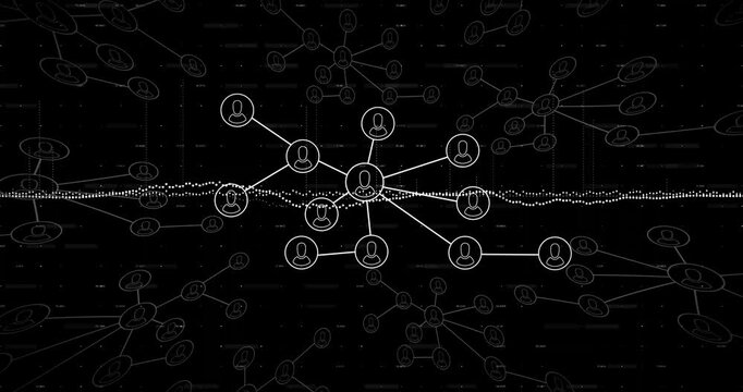 Visualizing central network node emitting connections in dark digital UI featuring white icons