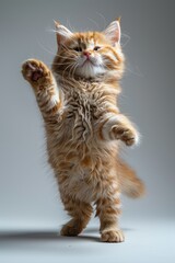 Fototapeta premium A photo of an obese cat doing ballet, with its legs raised and arms outstretched to the side. The background is white
