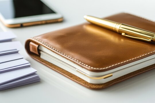 A brown leather notebook with a gold pen rests on a white surface, alongside a smartphone and stack of papers.