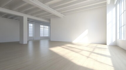 Obraz premium Bright Modern Empty Studio Apartment Room Interior Design White Walls Large Windows Sunlight Floor Wood airy open real home chic space clean house 