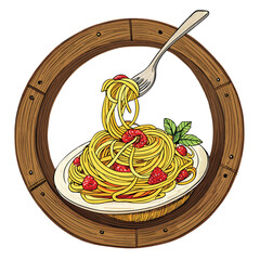 A rustic wooden bowl overflowing with a swirling mass of delicious spaghetti, a fork poised mid-air above it.  Emphasis on texture and lighting.