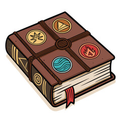 Design a spellbook icon featuring distinct elemental chapter markers (fire, water, earth, air) – stylized, minimalist design.