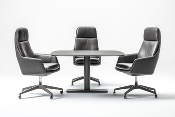 Modern office meeting setup with four black leather executive chairs and a square table.