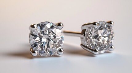 Minimalist diamond stud earrings in white gold with brilliant sparkle, isolated on white background