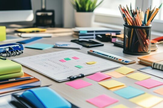 Organized workspace with schedule, sticky notes, pens, and notebooks, showing planning and productivity.