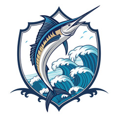 Obraz premium Stylized marlin leaping from ocean waves, vibrant colors, art deco style, inside a shar (presumably a stylized representation of a fishing vessel or location).