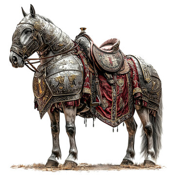 epic battle horse in full plate barding and reins

