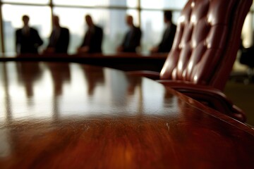 Fototapeta premium A polished mahogany conference table reflects blurred businessmen in a modern office setting.