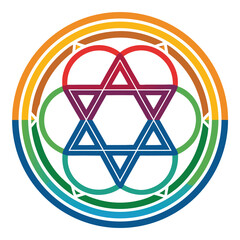 Design a vibrant summon glyph icon; central symbol encircled by orbiting elemental rings (fire, water, earth, air, spirit).  High detail, fantasy art style.