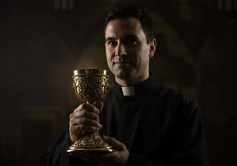 A priest holding a golden chalice, the light casting a dramatic glow on his face, which is an emotional, spiritual scene. The image creates a serene and sacred atmosphere. 