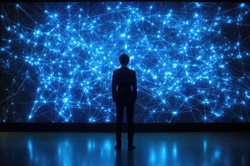 Fototapeta premium A man observes a large digital display showing a complex network of interconnected nodes, representing data flow or connections.