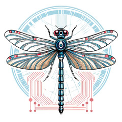 Render a cyberpunk dragonfly's head, featuring intricate technological details, with glitching, fragmented wings visible within a transparent casing.