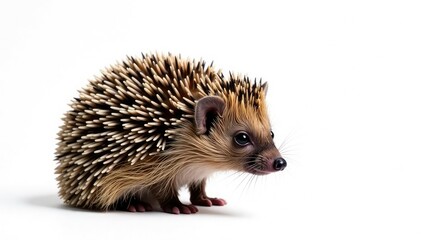 Obraz premium A single brown hedgehog against a stark white backdrop Its spines are clearly visible , white, mammal