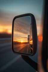 Sunset mirrored through truck side mirror