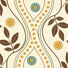 1x1, A seamless mid-century modern pattern featuring playful geometric dots and curving lines in mustard yellow, teal