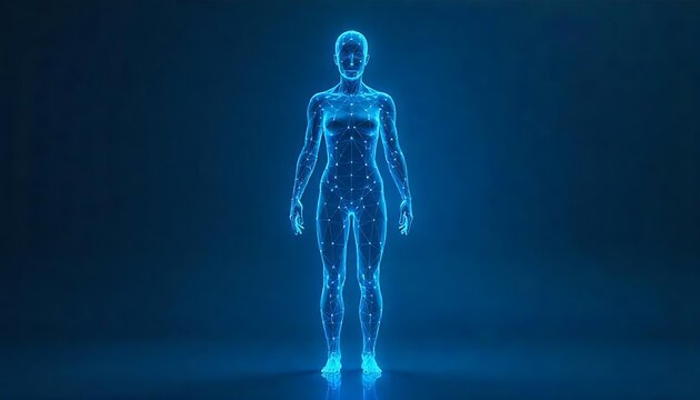 Abstract digital human body. Polygonal wireframe silhouette. Low poly anatomy blue background. A  futuristic man or woman model. 3D vector illustration, created with generative ai