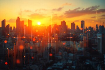 Cityscape at sunset with superimposed data visualizations, representing financial markets or urban data analysis.